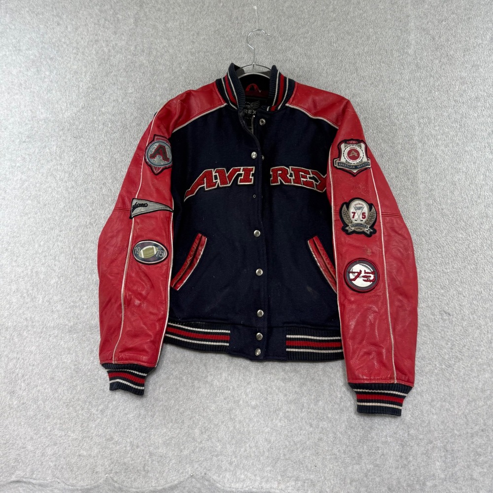 Avirex Varsity Jacket Mens Medium 9os Navy Blue Red Wool Leather Patches Vintage